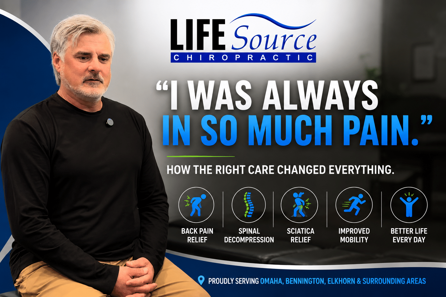 Patient sharing his back pain recovery story at Life Source Chiropractic in Omaha after years of chronic pain from construction work.