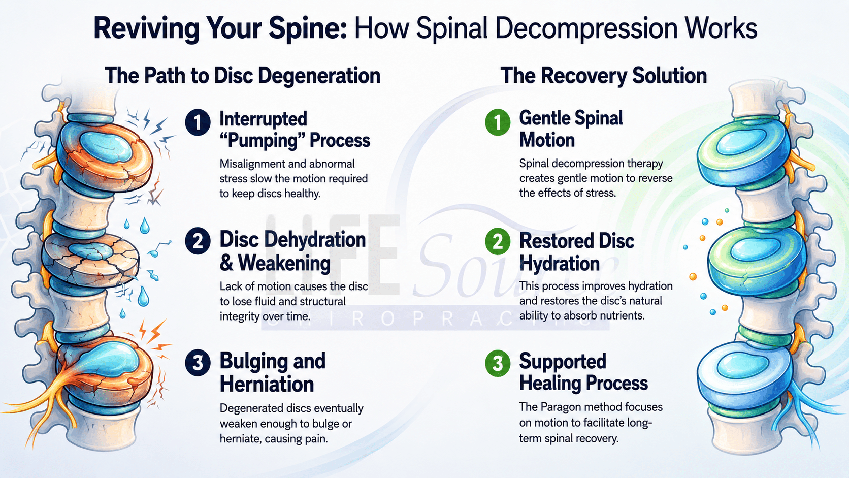 Infographic showing how spinal decompression therapy supports disc hydration through imbibition by reducing pressure on spinal discs and promoting nutrient exchange in patients with bulging discs, herniated discs, and degenerative disc disease.