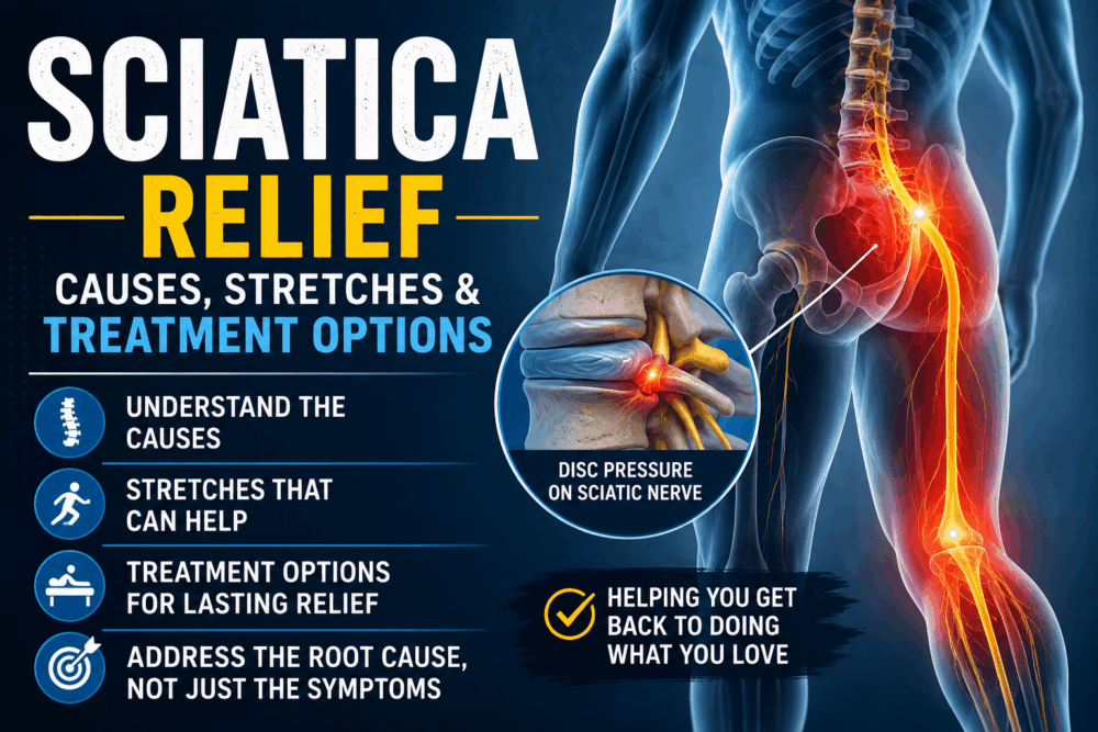 common causes of sciatica, at-home stretches, and treatment options for relieving sciatic nerve pain.