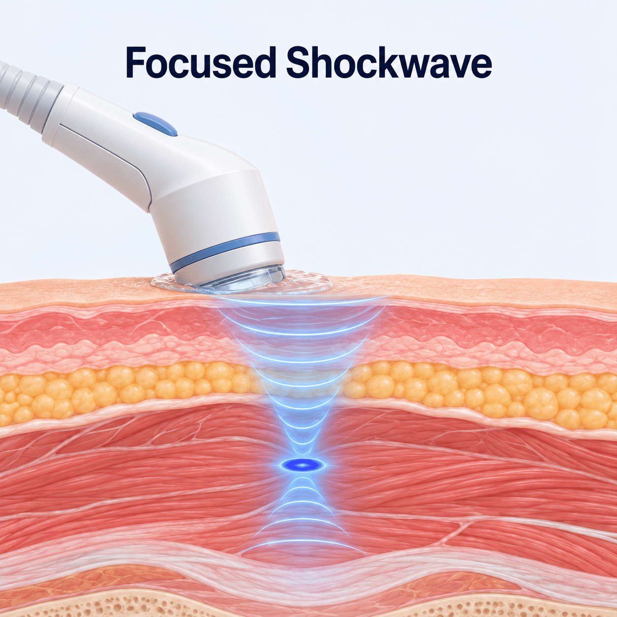 Diagram showing focused shockwave energy converging at a defined focal point within tissue