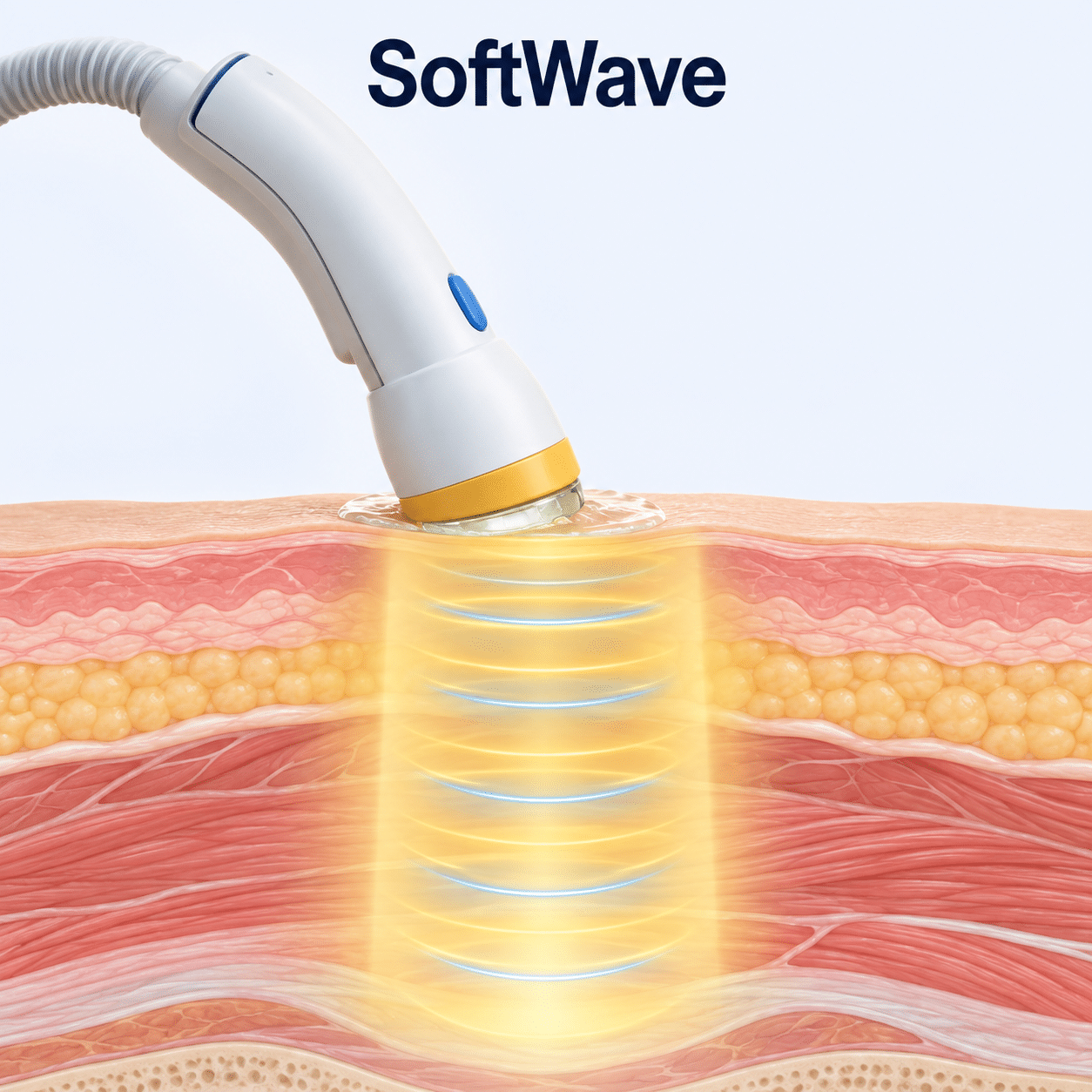 Diagram showing SoftWave broad-focused electrohydraulic shockwaves distributed across a wider treatment area