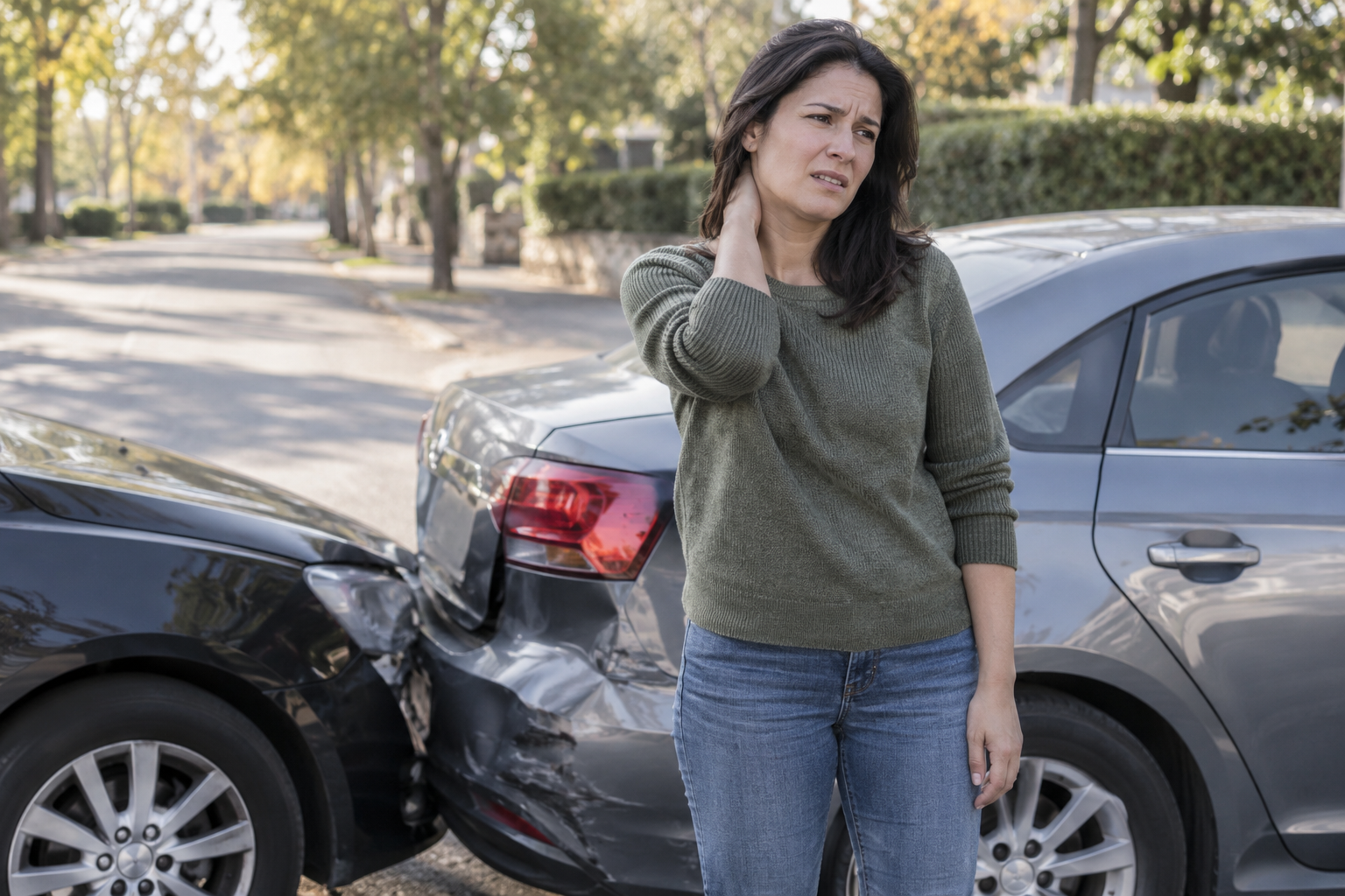 Woman holding her neck beside cars after a collision