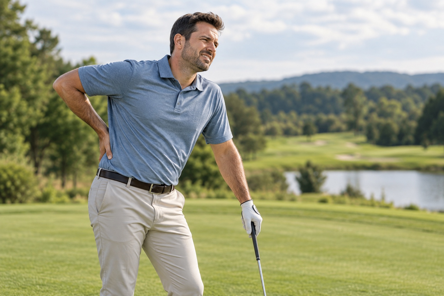 Golfer holding his lower back on a golf course